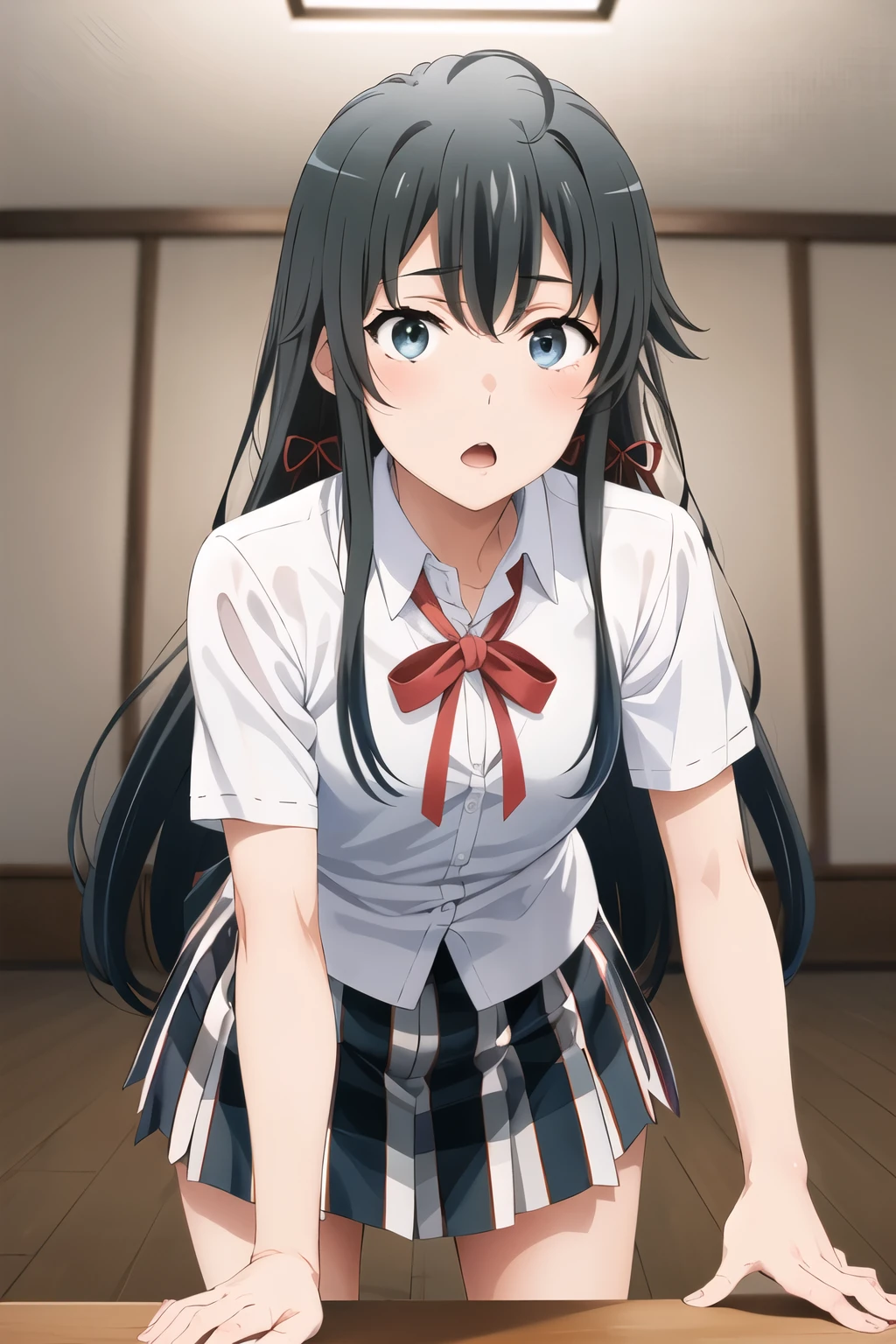 masterpiece, best quality, highres, aayukino, long hair, ahoge, hair ribbon, collarbone, neck ribbon, white shirt, short sleeves, plaid skirt, leaning forward, indoors, :o,