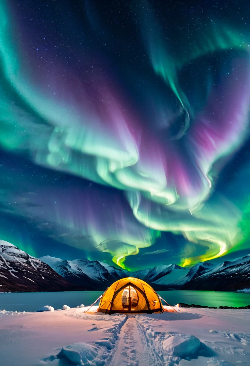 Aurora Viewing Station by Glacier Lake, Located by the glacier lake in the Arctic Circle, a specially designed warm tent has become the best place to observe the aurora. As night falls, the dazzling aurora dances in the sky, bringing a lifetime unforgettable visual feast, (masterpiece, best quality, Professional, perfect composition, very aesthetic, absurdres, ultra-detailed, intricate details:1.3)