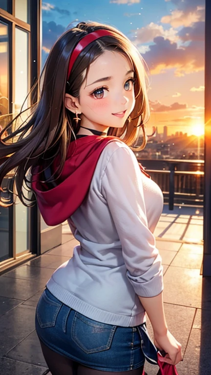 A girl is posing for a photo, cute***, Enchanting girl, 

(Blonde, Shortcuts, Forehead), (Red eyes), 
(Black hoodie:1.4, Wearing a hood:1.4, Denim mini skirt, red headband)、(Black Pantyhose, Brown Loafers), Black choker、Red Gem Earrings、

(((highest quality)), ((masterpiece)), (Very detailed), (High resolution), (Beautiful detailed sparkle), (High detail), (Anatomically correct)), ((Realistic)), ((The best CG)), Ultra-detailed art, CG illustration, 16k, 1080P, Oil paints:1.2,   

(((One Woman))), 
(Symmetrical facial features, Perfect Face), Beautiful clavicle, (Beautiful fingers), (Beautiful breasts, (Ｃcup)), 
Beautiful body, Beautiful thighs, Beautiful feet, Perfect round butt, (((Detailed skin, Oily skin, Textured skin, Beautiful Skin))), 

(((Baby Face, cute, ************))), 
(Droopy eyes, Expression of fine eyes, Beautiful and delicate eyes, Sparkling eyes, Eye Reflexes), 
(Beautiful Nose,Thin Nose), 
(Glossy Lips, Beautiful Lips, thick lips), 

(Beautiful Hair, Shiny Hair, Shiny Hair), Hair fluttering), 

(smiley, laughing, blush),  
BREAK 

(evening、(The school road illuminated by the setting sun, A slope with a view of the cityscape)), ((Walking, Upward glance, Cowboy Shot))
