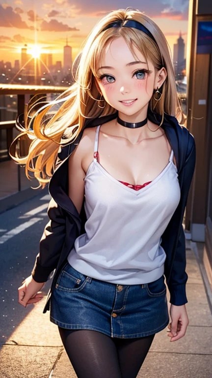 A girl is posing for a photo, cute女の子, Enchanting girl,
(Blonde, Shortcuts, Forehead), (Red eyes),
(Black hoodie:1.4, Wearing a hood:1.4, Denim mini skirt, red headband)、(Black Pantyhose, Brown Loafers), Black choker、Red Gem Earrings、
(((highest quality)), ((masterpiece)), (Very detailed), (High resolution), (Beautiful detailed sparkle), (High detail), (Anatomically correct)), ((Realistic)), ((The best CG)), Ultra-detailed art, CG illustration, 16k, 1080P, Oil paints:1.2,
(((One Woman))),
(Symmetrical facial features, Perfect Face), Beautiful clavicle, (Beautiful fingers), (Beautiful breasts, (Ccup)),
Beautiful body, Beautiful thighs, Beautiful feet, Perfect round butt, (((Detailed skin, Oily skin, Textured skin, Beautiful Skin))),
(((Baby Face, cute, ))),
(Droopy eyes, Expression of fine eyes, Beautiful and delicate eyes, Sparkling eyes, Eye Reflexes),
(Beautiful Nose,Thin Nose),
(Glossy Lips, Beautiful Lips, thick lips),
(Beautiful Hair, Shiny Hair, Shiny Hair), Hair fluttering),
(smiley, laughing, blush),
BREAK
(evening、(The school road illuminated by the setting sun, A slope with a view of the cityscape)), ((Walking, Upward glance, Cowboy Shot))
