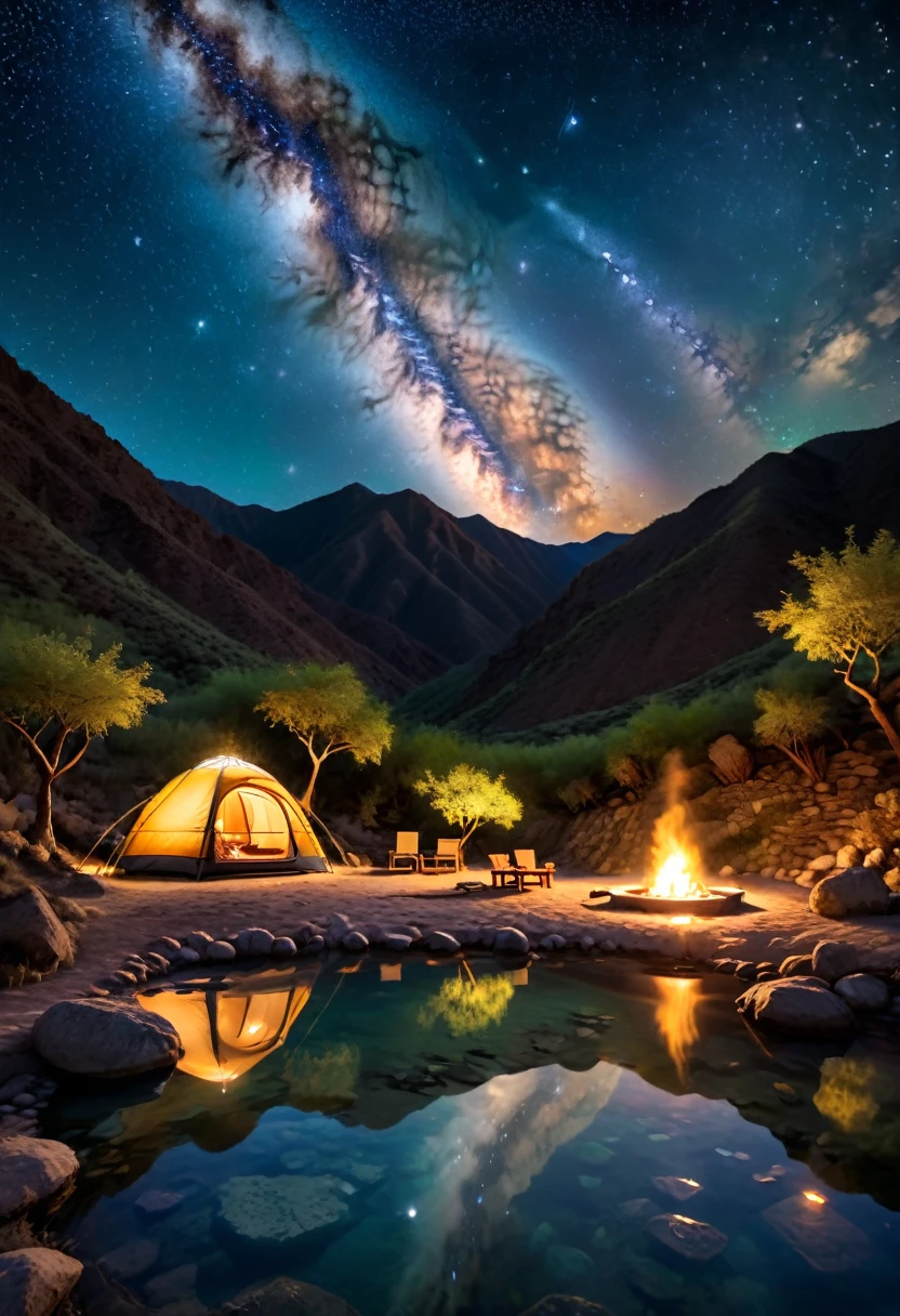 Warm Campsite of Valley Hot Springs, Hidden in the valley, the campsite next to the natural hot springs provides a unique relaxing experience. Soak in warm spring water, look up at the starry sky, completely relax your body and mind, and harmoniously blend with nature, (masterpiece, best quality, Professional, perfect composition, very aesthetic, absurdres, ultra-detailed, intricate details:1.3)