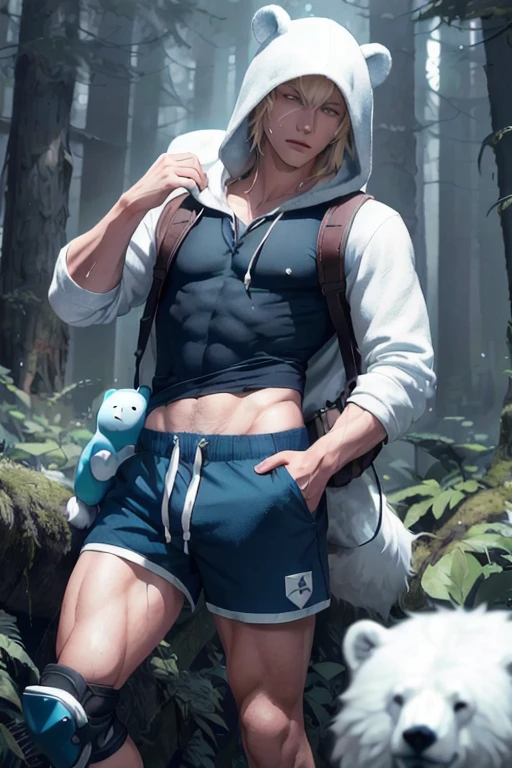 Masterpiece, Ultra realistic, high quality, 16k, Alone, adventure time, Finn (the human), furry white hood (over the head) with polar bear ears, a fringe appearing on his forehead showing that his hair is pale-blonde, blue eyes, tanned white skin (with freckles on the skin), realistic eyes, green backpack, blue tank top with hood, dark blue shorts with lots of pockets, knee pads, black sneakers, fantasy aesthetic, dream atmosphere, high quality, 1 boy, different heroic poses, fantasy forest background, blurred background, depth of field, dreamlike atmosphere, vintage aesthetic,