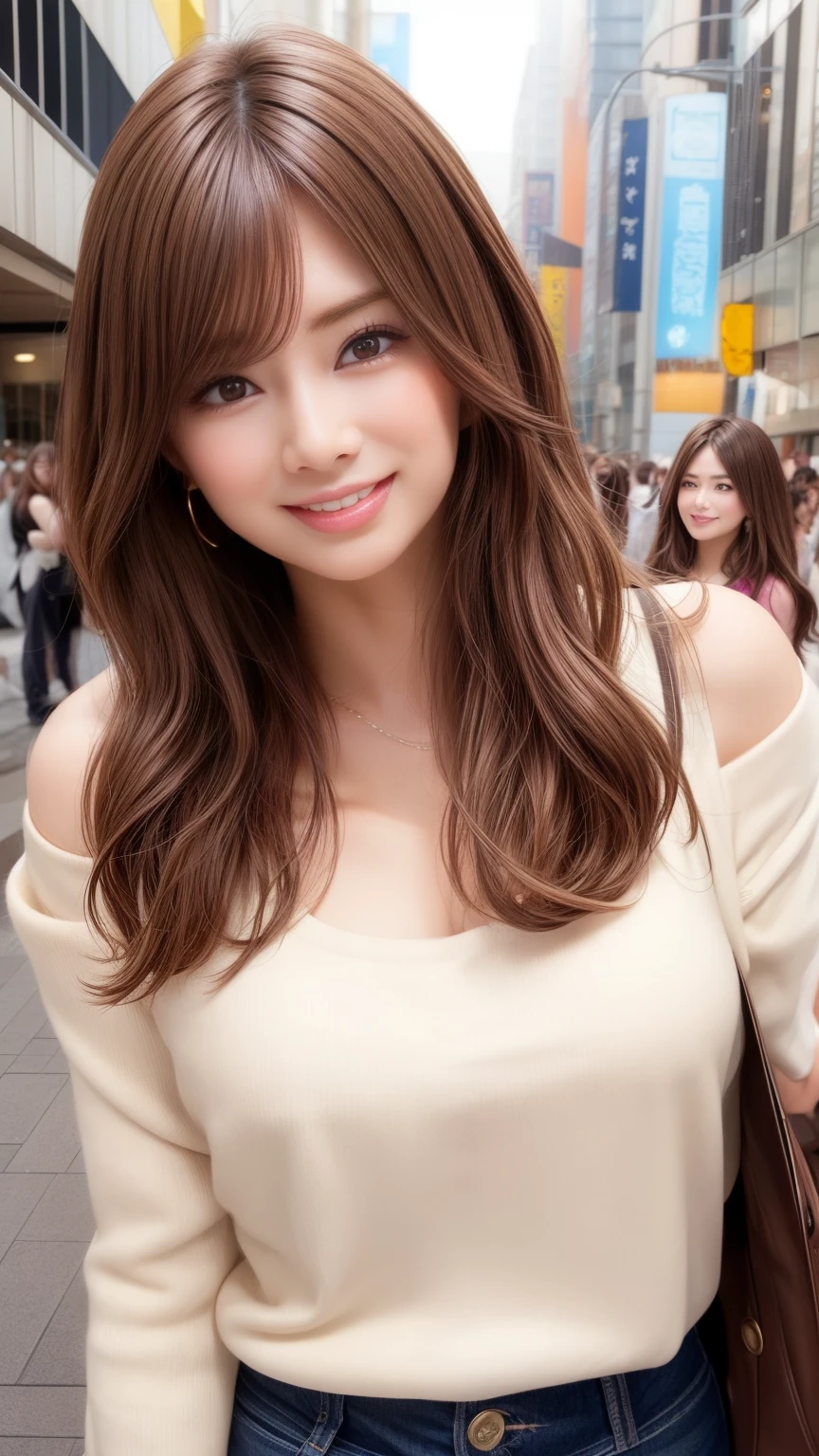 highest quality、Natural Lip、Fair skin、Great light、Beautiful lighting、((Brown Hair))、Parted bangs、White T-shirt、Big cleavage、Off the shoulder、mini skirt、Gorgeous Accessories、Harajuku、smile、かわいいsmile、Crowds in the city