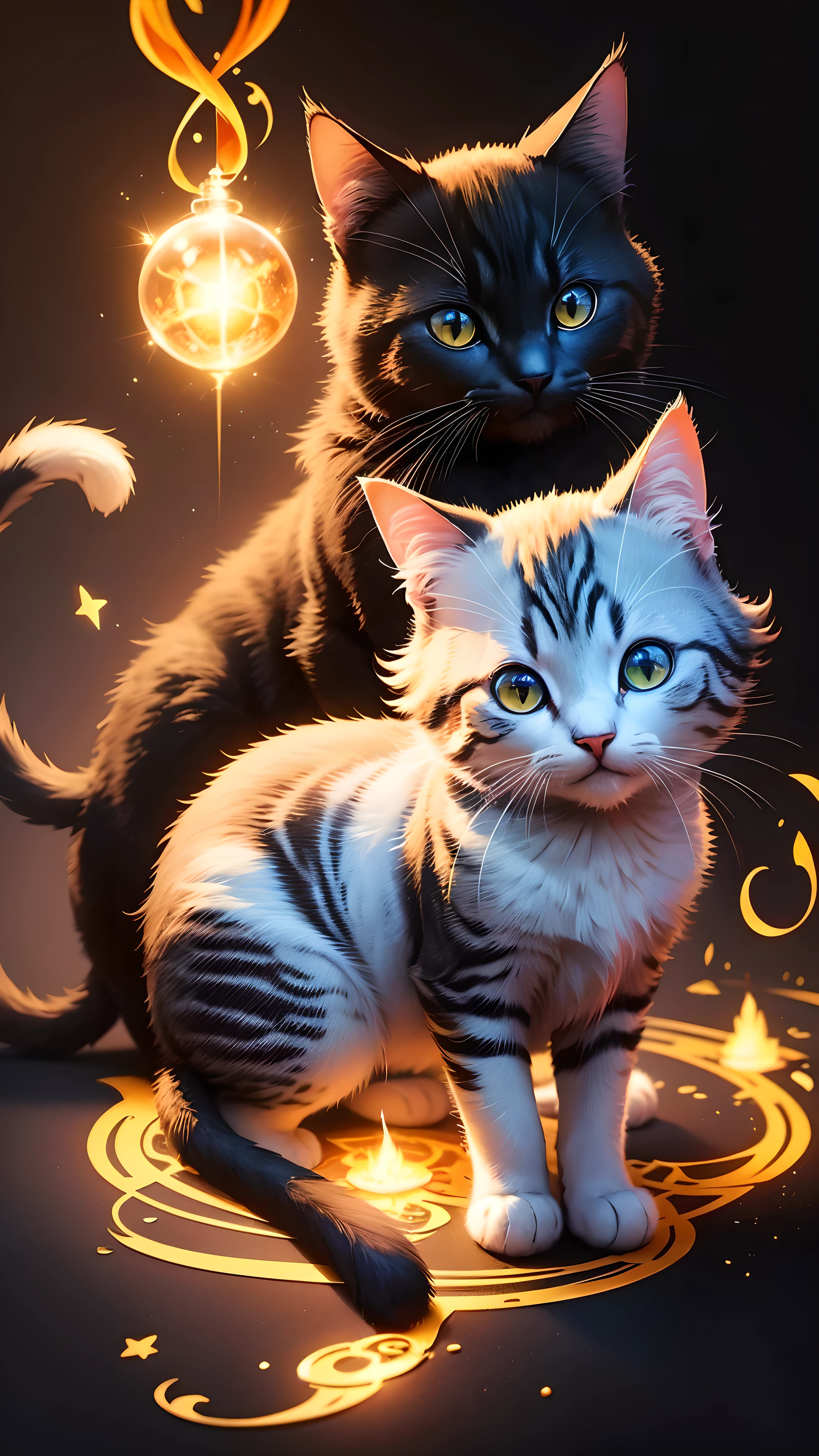Colorful cat drawing on a black background,, Breathtaking Rendering, In a shining connection, Inspired by Kinuko Y. Crafting,, Magical Elements, Kitten Icon, oh, Is beautiful, Cast a variety of spells, bright flash, flash