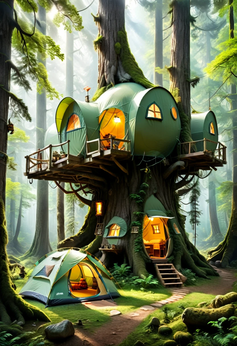 Ecological campsite surrounded by ancient trees, In this ancient forest, huge trees become the most natural shelter. Campers set up tents in treehouses or under trees, experiencing the magical feeling of symbiosis with millennium old trees and learning about natural ecology, (masterpiece, best quality, Professional, perfect composition, very aesthetic, absurdres, ultra-detailed, intricate details:1.3)