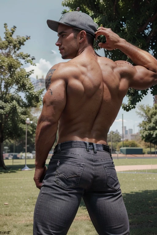 instagram photo, creative shot, fitness influencer gymgjock, very handsome, baseball cap ((catcher's cap)), gray jeans, show off, outside in the park, image very illuminated by daylight, (((no Shadows in body)))
, physique, superior arrogance, super buff and cool, he is like a muscled young god. ((Big butt)) (((Backside)))