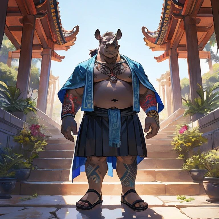 Fat male Rhinoceros, full sleeve colorful tattoos on both arms, torso covered in colorful tattoos, small ponytail, mid 40s, colorful poncho, no shirt, black skirt, no footwear, standing on a temple's staircase