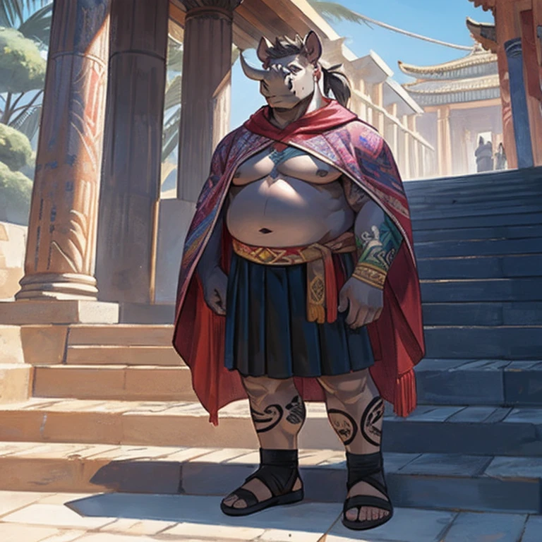 Fat male Rhinoceros, full sleeve colorful tattoos on both arms, torso covered in colorful tattoos, small ponytail, mid 40s, colorful poncho, no shirt, black skirt, no footwear, standing on a temple's staircase
