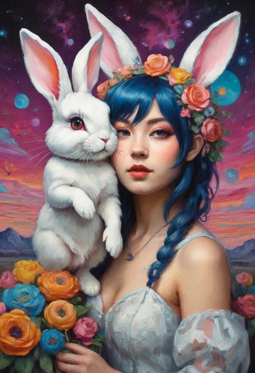 Iridium bunny girl ((hannah yata style!!!)), pop surrealism in acrylic, colorful, the highest detail, ((masterpiece)), ((single shot)), ((Highest detail),  impression, perspective, 8k