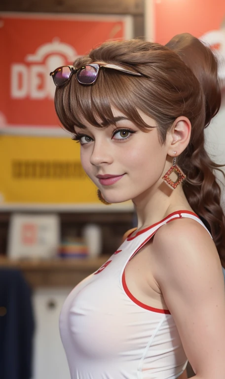 Photo of a 16 year-old american girl, .RAW, beautiful teenage girl, (Long brown hair with ponytail), light brown hair ponytail hairstyle((retrato)), ((Cara detallada:1.2)), ((Detailed facial features)), (Piel finamente detallada)  , (Masutepiece) (proporciones perfectaotos realistas)(La mejor calidad) (Detallado) fotografiado con una EOS R5 de Canon, Lente de 50 mm, f/2.8, NffSW, (8k) (papel tapiz) (cinematic lighting) (Dramatic lighting) (sharp focus) (Enrevesado) senos medianos , pechos medianos , muchas pecas en mejillas y nariz , pecas en pecho, cuerpo completo , hermoso cuerpo de muje adolesente,  lindo maquillaje , gran sonrisa  , mujer delgada escultural , ropa de base ball , uniforme de base ball , foto de cuerpo completo, outfit deportivo sexy