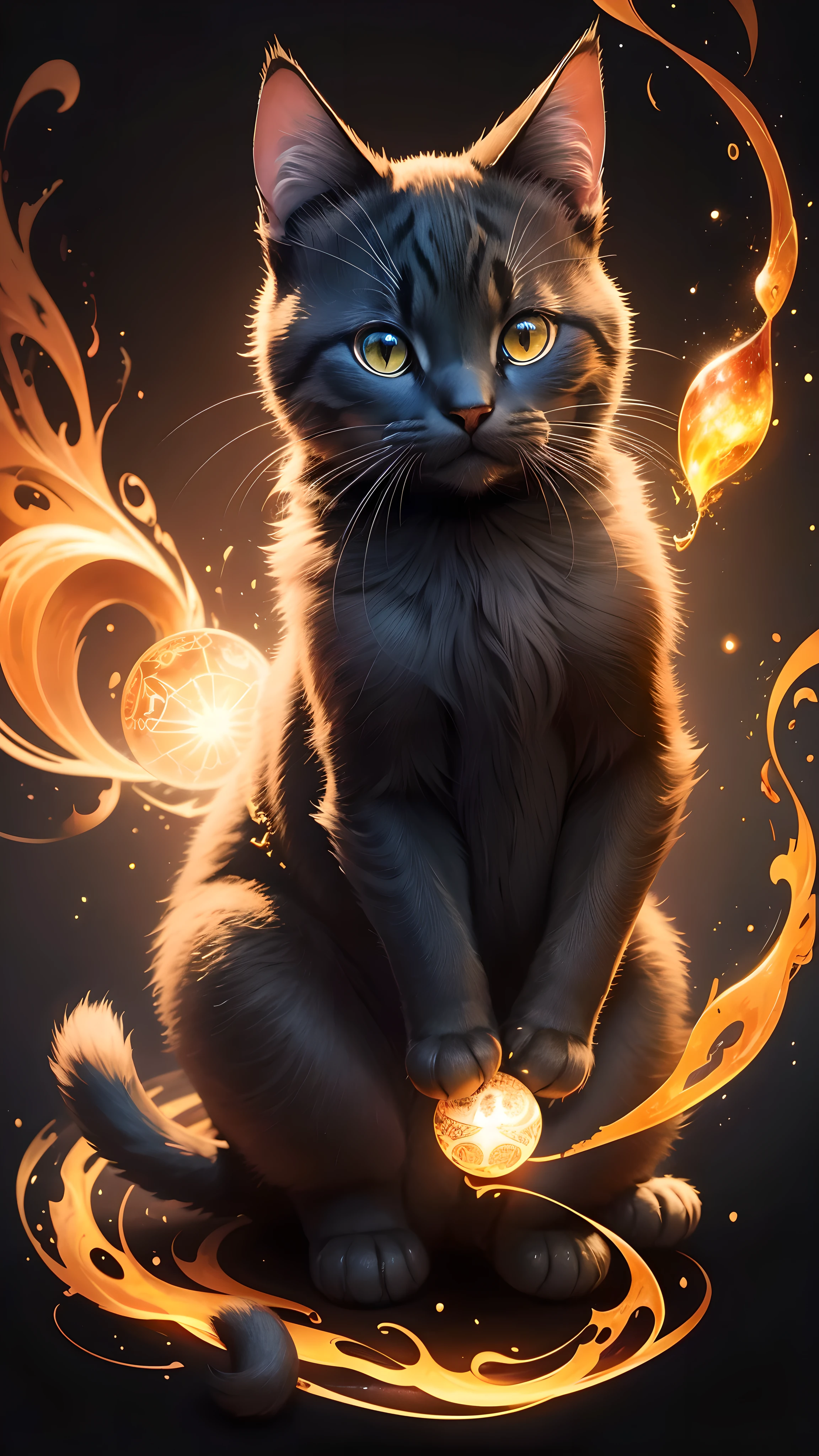 Colorful cat drawing on a black background,, Breathtaking Rendering, In a shining connection, Inspired by Kinuko Y. Crafting,, Magical Elements, Kitten Icon, oh, Is beautiful, Cast a variety of spells, bright flash, flash  