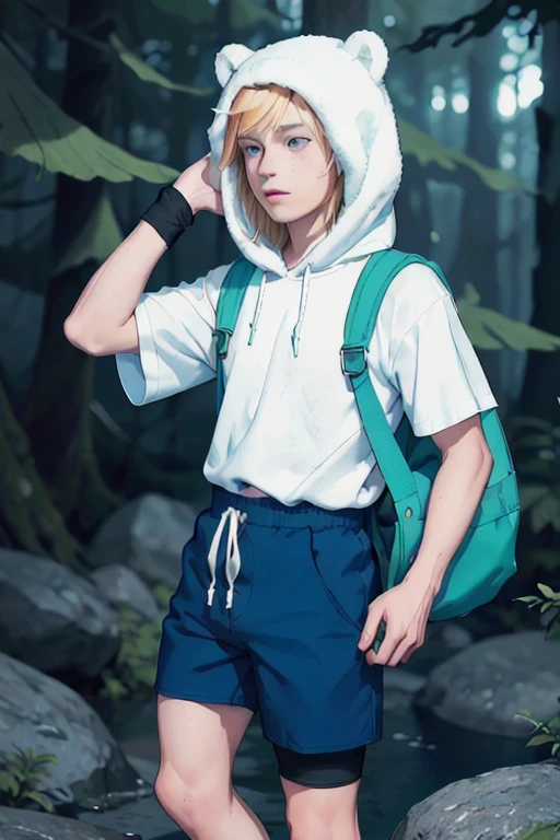Masterpiece, Ultra realistic, high quality, 16k, Alone, adventure time, Finn (the human), furry white hood (over the head) with polar bear ears, a fringe appearing on his forehead showing that his hair is pale-blonde, blue eyes, tanned white skin (with freckles on the skin), realistic eyes, green backpack, blue T-shirt with hood, dark blue shorts with lots of pockets, knee pads, black sneakers, fantasy aesthetic, dream atmosphere, high quality, 1 boy,  different heroic poses, fantasy forest background, blurred background, depth of field, dreamlike atmosphere, vintage aesthetic, 