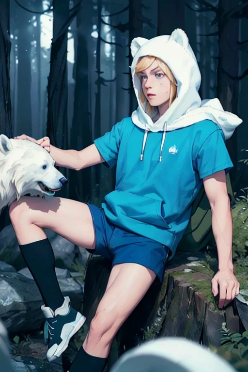 Masterpiece, Ultra realistic, high quality, 16k, Alone, adventure time, Finn (the human), furry white hood (over the head) with polar bear ears, a fringe appearing on his forehead showing that his hair is pale-blonde, blue eyes, tanned white skin (with freckles on the skin), realistic eyes, green backpack, blue T-shirt with hood, dark blue shorts with lots of pockets, knee pads, black sneakers, fantasy aesthetic, dream atmosphere, high quality, 1 boy,  different heroic poses, fantasy forest background, blurred background, depth of field, dreamlike atmosphere, vintage aesthetic, 