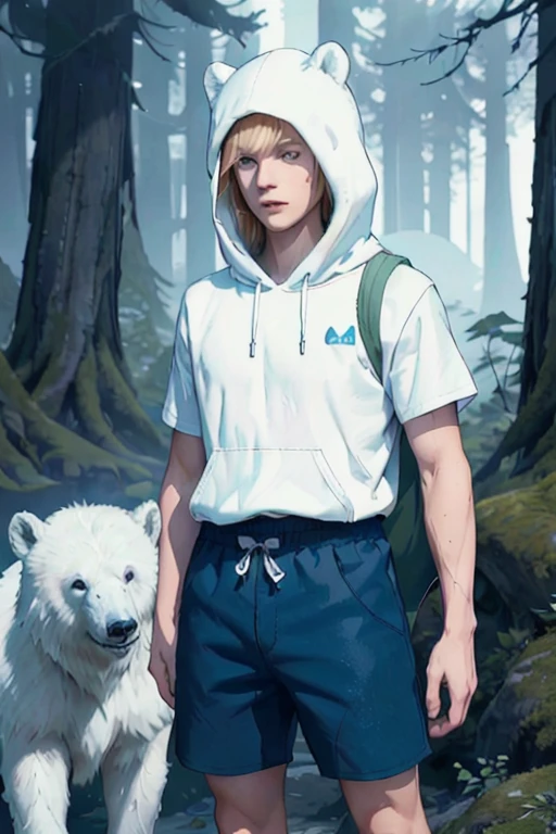 Masterpiece, Ultra realistic, high quality, 16k, Alone, adventure time, Finn (the human), furry white hood (over the head) with polar bear ears, a fringe appearing on his forehead showing that his hair is pale-blonde, blue eyes, tanned white skin (with freckles on the skin), realistic eyes, green backpack, blue T-shirt with hood, dark blue shorts with lots of pockets, knee pads, black sneakers, fantasy aesthetic, dream atmosphere, high quality, 1 boy, different heroic poses, fantasy forest background, blurred background, depth of field, dreamlike atmosphere, vintage aesthetic,