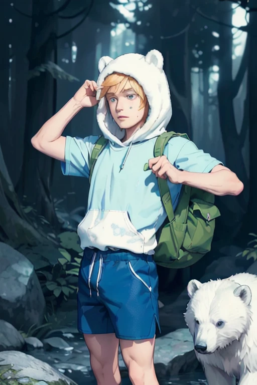 Masterpiece, Ultra realistic, high quality, 16k, Alone, adventure time, Finn (the human), furry white hood (over the head) with polar bear ears, a fringe appearing on his forehead showing that his hair is pale-blonde, blue eyes, tanned white skin (with freckles on the skin), realistic eyes, green backpack, blue T-shirt with hood, dark blue shorts with lots of pockets, knee pads, black sneakers, fantasy aesthetic, dream atmosphere, high quality, 1 boy,  different heroic poses, fantasy forest background, blurred background, depth of field, dreamlike atmosphere, vintage aesthetic, 