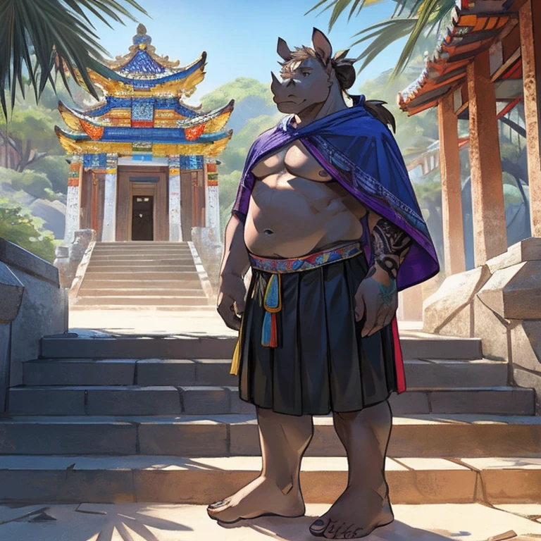 Fat male Rhinoceros, full sleeve colorful tattoos on both arms, torso covered in colorful tattoos, small ponytail, mid 40s, colorful poncho, no shirt, black skirt, bare feet, standing on a temple's staircase