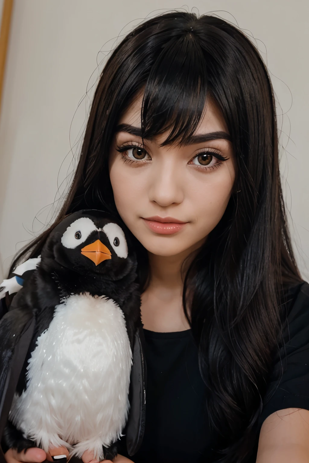 cute penguin with long black wig on top of his head, long lashes and brown eyes