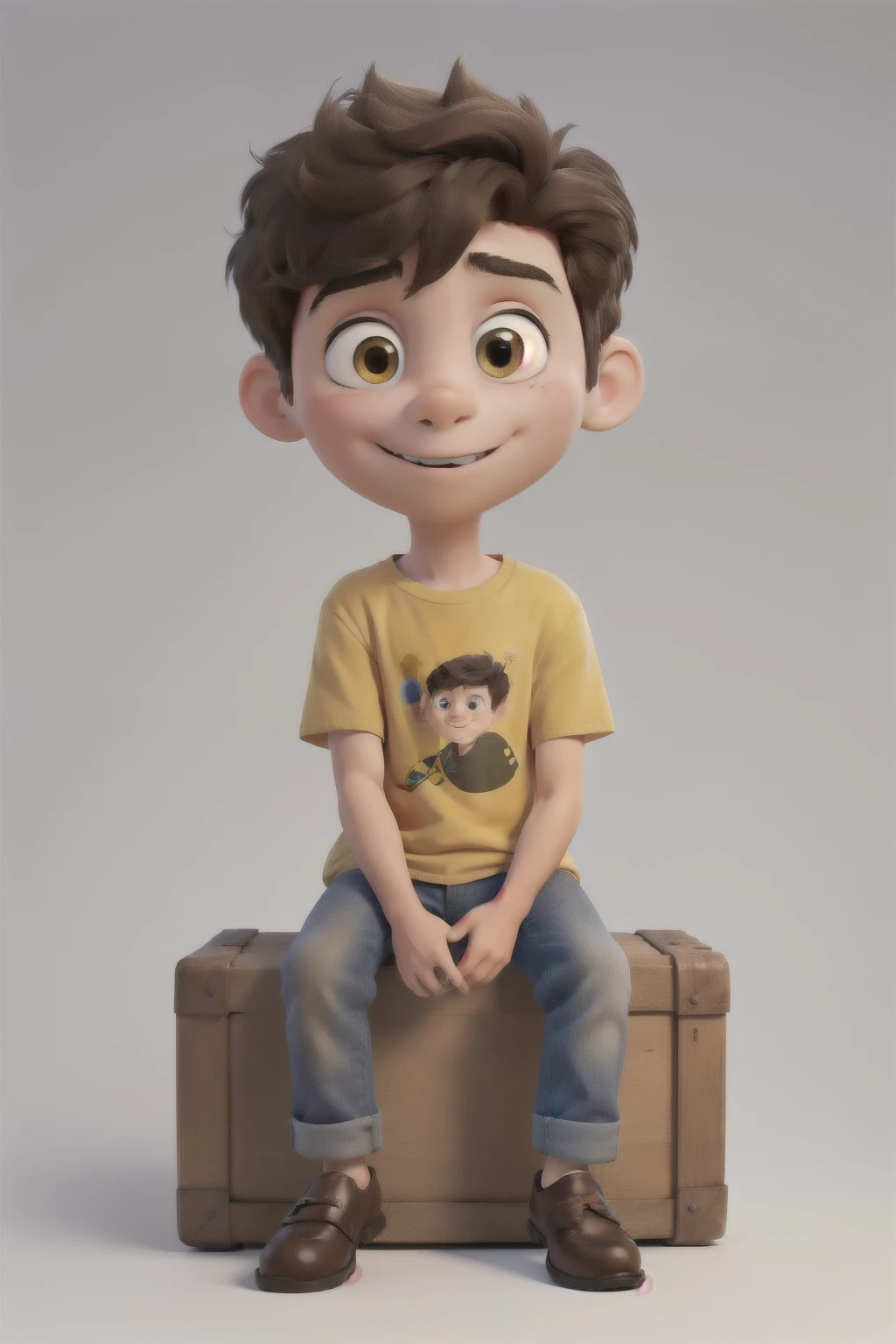 masterpiece, best quality, a 5--old  with with short brown hair and brown eyes with extremely long eyelashes, well structured nose and mouth, a yellow T-shirt with a text 'Radan' on the front, blue short jeans and black loafer shoes, his full body should show in the image with a plain background, alone sitting. multiple poses and expressions on white background, children's book illustration style, simple, cute, full colors.