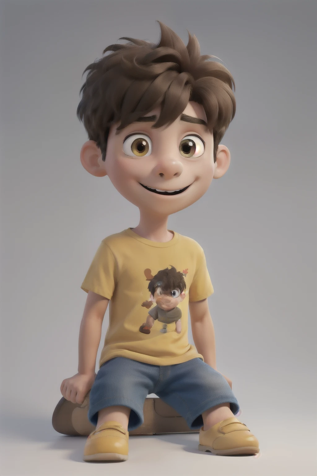 masterpiece, best quality, a 5-year-old boy with with short brown hair and brown eyes with extremely long eyelashes, well structured nose and mouth, a yellow T-shirt with a text 'Radan' on the front, blue short jeans and black loafer shoes, his full body should show in the image with a plain background, alone sitting. multiple poses and expressions on white background, children's book illustration style, simple, cute, full colors.