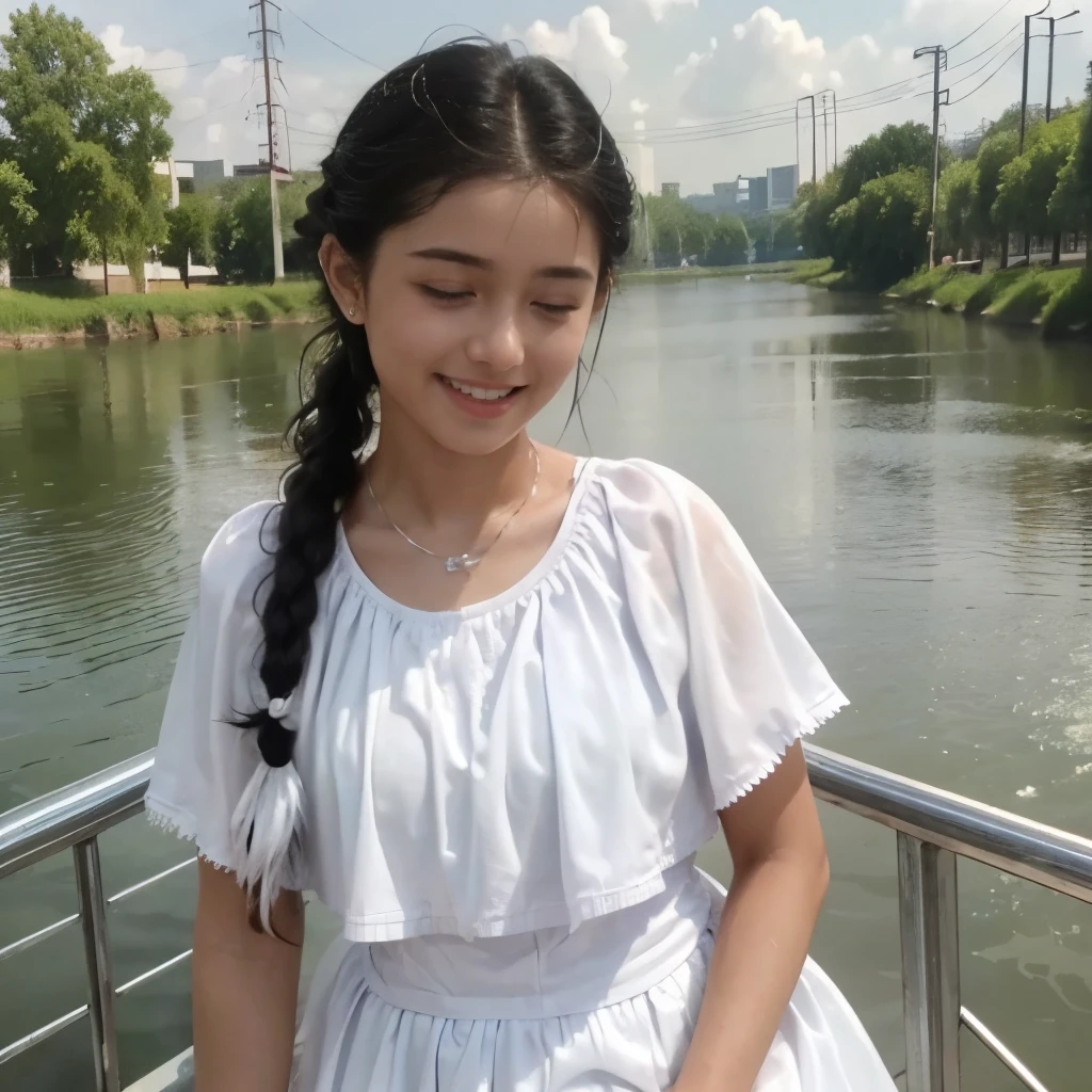 (masterpiece, 8k, best quality:1.2), in the river, outdoor, 1girl, 20 yo school girl,  smile, looking at viewer, white traditional cloth, wet clothes, soaked, wet hair, wet skin, translucent, glistening with oil, drenched, bright sunshine, soaked heavy clothes, playful, black braided hair, short bob