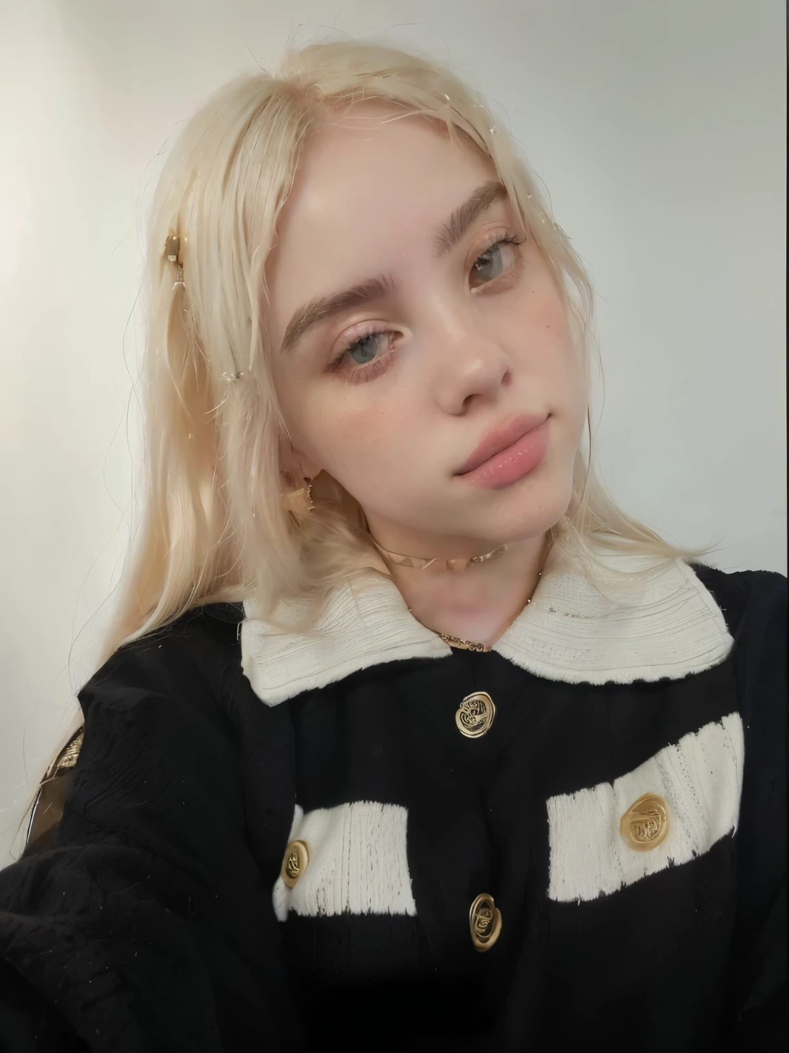 Blonde woman with long hair and a black sweater posing for a selfie, cabello rubio y ojos grandes, chica perfecta de pelo blanco, retrato de jossi de blackpink, long cabello rubio y ojos grandes, pale and light skin!!, ulzzang, pale porcelain white skin, una chica con cabello rubio, 2 4 year old female model, retrato suave 8 k