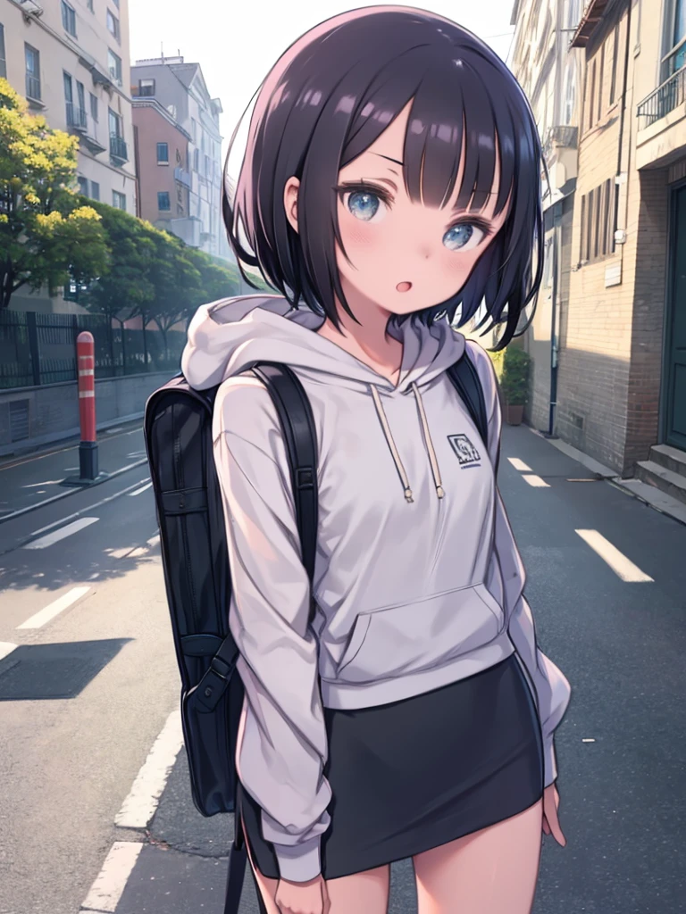 Very delicate, beautiful girl, break, 8k, highest quality, masterpiece, Super adopted, Super detailed girls, Ultra-fine illustrations, break, Active Pause, Dynamic Angle, street, Shiny, bright, Rim Light, break, One girl, alone, College years, Perfect female body, Black Hair, short hair, Bangs Hairpin, Asymmetrical bangs, Round face, Pale turquoise eyes, sleepy, (smile:0.8), Open your mouth, Medium chest, break, hoodie, Pencil Skirt, Long sleeve, knapsack、街のstreetに青い目とバックパックを背負ったアニメの女の子