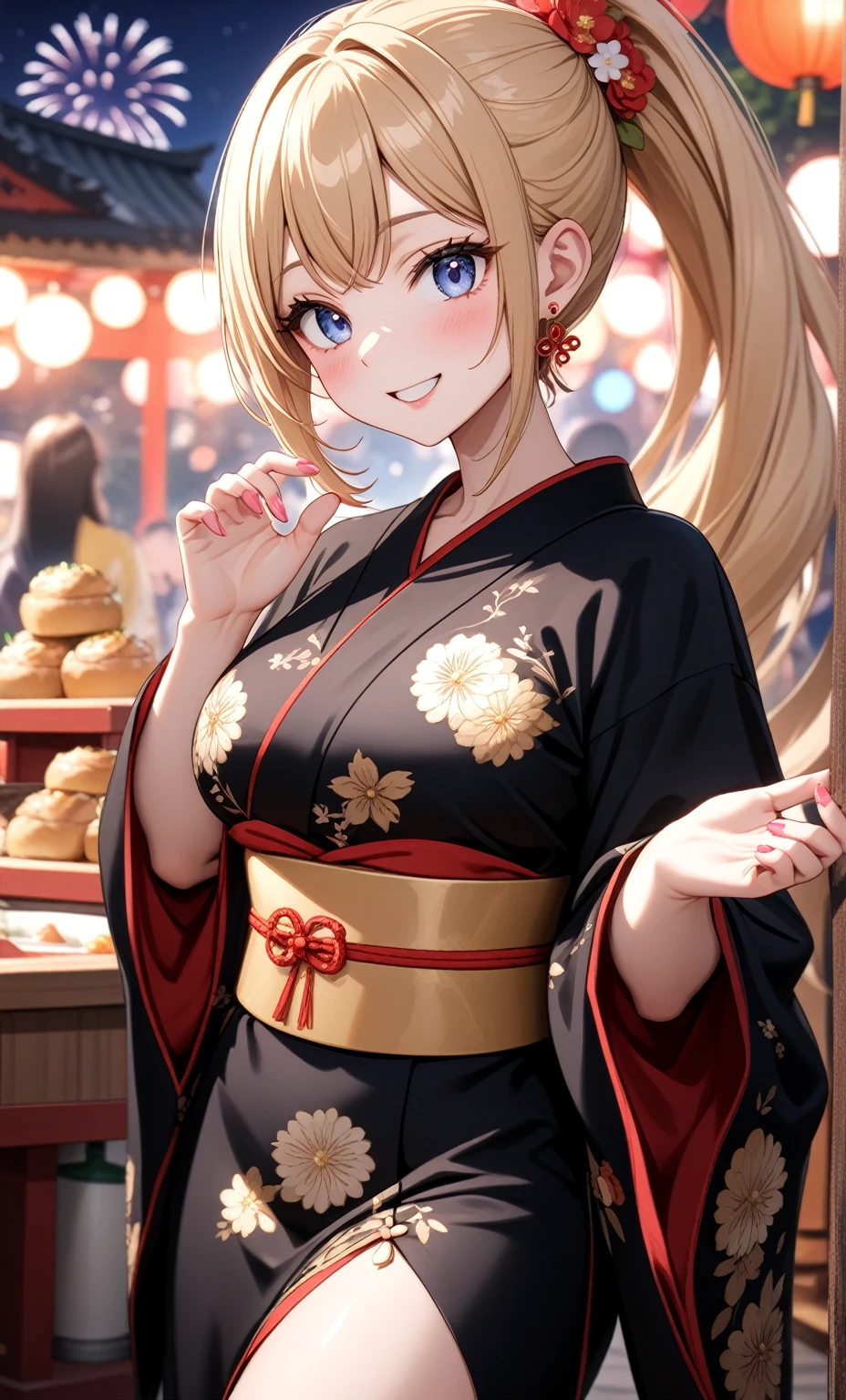 ((One woman)), Beautiful Face,Happy and impressed,((Wink)),Blushing,Laughing with your mouth open,Glossy Lips,Abstract, night,shrine,Festival food stalls, firework,((Anime style background)),masterpiece, highest quality, so beautiful, up to date, Complex details, (Pink long nails),AI-generated, Complex,High resolution, highest quality, super high quality,3D Images、View the viewers、3D Images,one person,Woman with long blonde hair,High Ponytail,blue eyes,Anime woman posing for a photo, [[Fine grain、Colorful eyes、Shining Eyes:1.15]],(Squint your eyes:1.1),a hyperRealistic , hyperRealistic , Realistic , Blonde anime woman with long hair, Smooth anime CG art, A woman in a gorgeous kimono with gold embroidery, Black kimono,Flower pattern kimono,Long flower hair ornament,Earrings,(Large Breasts:1.3),Mature Body,tall,Big Ass,Fine details,Abdominal muscles,Shooting from an angle,(A woman making a heart sign with her hands),(Put your hands together)