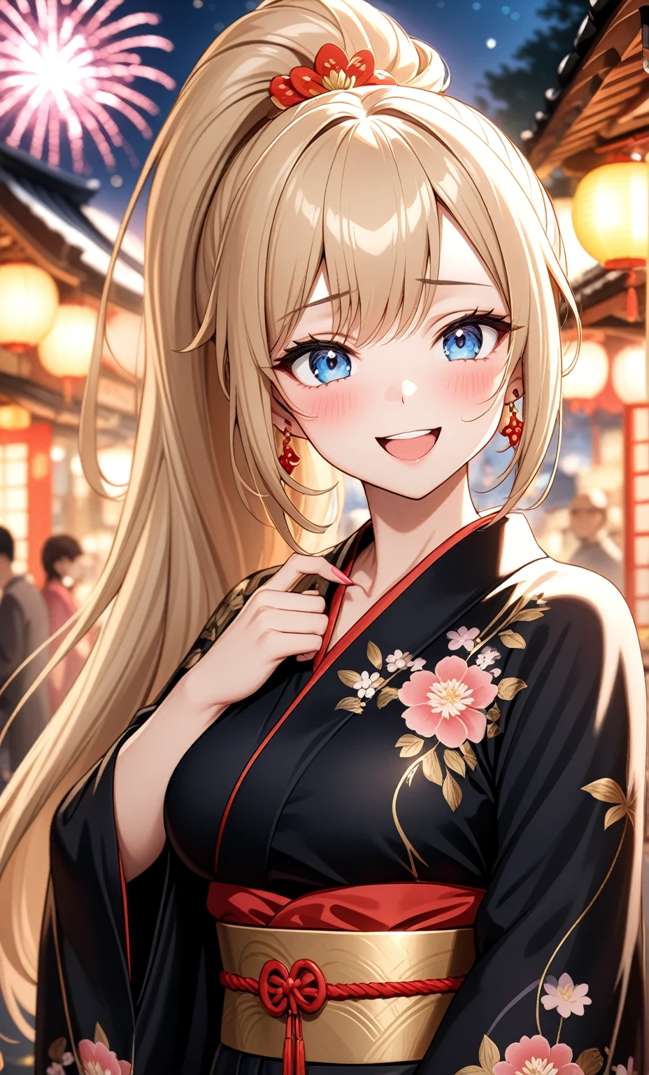 ((One woman)), Beautiful Face,Happy and impressed,((Wink)),Blushing,Laughing with your mouth open,Glossy Lips,Abstract, night,shrine,Festival food stalls, firework,((Anime style background)),masterpiece, highest quality, so beautiful, up to date, Complex details, (Pink long nails),AI-generated, Complex,High resolution, highest quality, super high quality,3D Images、View the viewers、3D Images,one person,Woman with long blonde hair,High Ponytail,blue eyes,Anime woman posing for a photo, [[Fine grain、Colorful eyes、Shining Eyes:1.15]],(Squint your eyes:1.1),a hyperRealistic , hyperRealistic , Realistic , Blonde anime woman with long hair, Smooth anime CG art, A woman in a gorgeous kimono with gold embroidery, Black kimono,Flower pattern kimono,Long flower hair ornament,Earrings,(Large Breasts:1.3),Mature Body,tall,Big Ass,Fine details,Abdominal muscles,Shooting from an angle,(A woman making a heart sign with her hands),(Put your hands together)