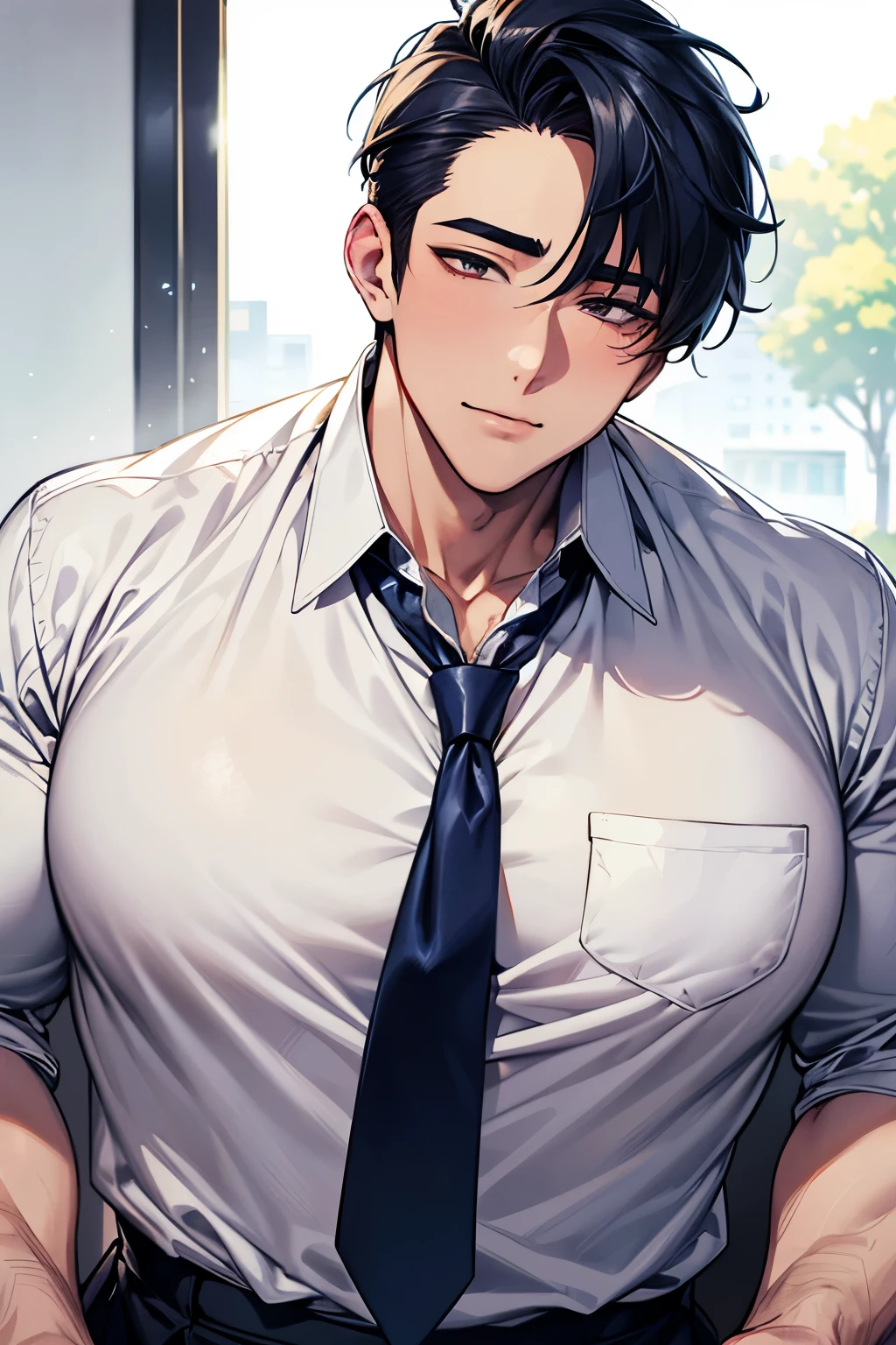 One boy, Face Focus, Adult, sexy, highest quality, employment, Detailed face, office, Building seen from the window, Detailed Background, Diffused sunlight, Written boundary depth, Bokeh、(Very cramped clothes、Very saggy pectoral muscles、Huge and very heavy pectoral muscles:1.3)、hentai、BL、Boys Love、Muchimuchi、Blue Y-shirt、Salaryman、Attractive face、A man with a cute expression、plump, Sensual lips、Sensual look、Korean Man、The shirt is buttoned、tie、Hairstyles that expose the forehead、Big eyes、Inverted triangle face、Pressing her breasts against a junior male