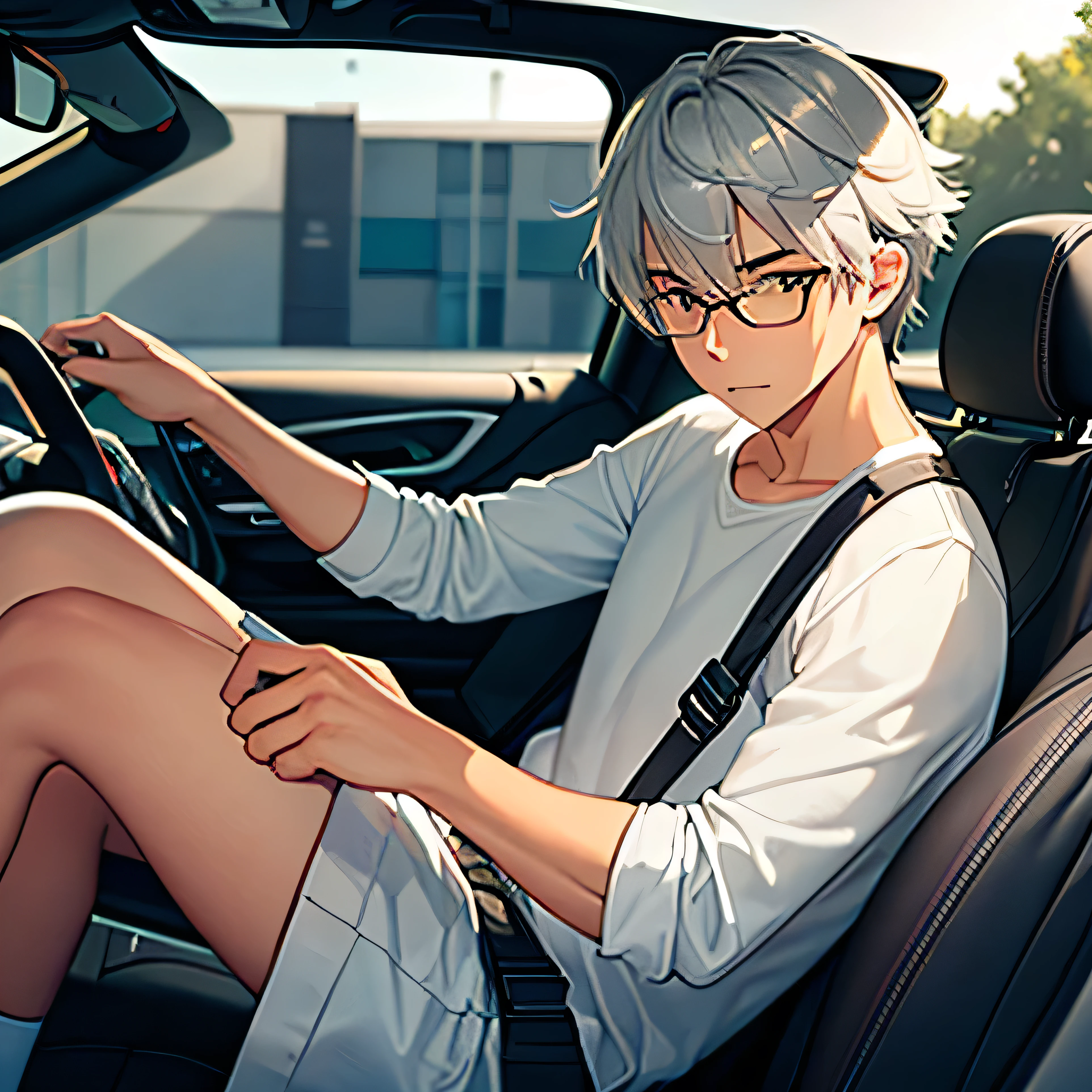 An average teen gray haired man sitting in a sports car