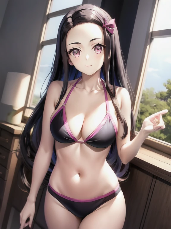 Anime girl in a bikini posing in a room with a window., chica anime seductora, Nezuko, Nezuko-chan, , estilo carril azul, grueso, hermosa y seductora mujer anime, rin tohsaka, obra de arte al estilo de guweiz, hermosa seductora anime adolescente, [ arte digital 4k ]!!