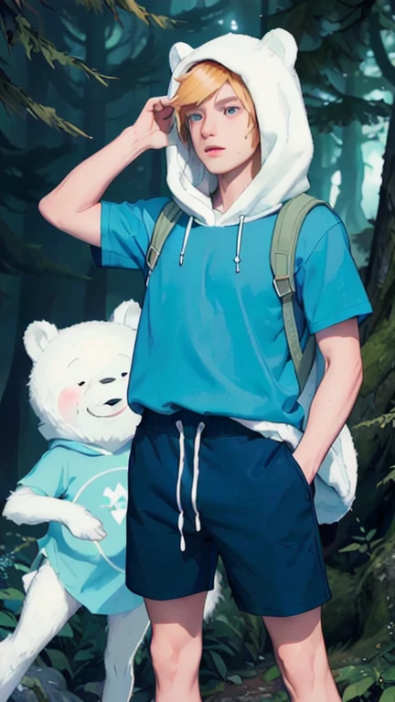 Masterpiece, Ultra realistic, high quality, 16k, Alone, adventure time, Finn (the human), furry white hood (over the head) with polar bear ears, a fringe appearing on his forehead showing that his hair is pale-blonde, blue eyes, tanned white skin (with freckles on the skin), realistic eyes, green backpack, blue T-shirt with hood, dark blue shorts with lots of pockets, black sneakers, fantasy aesthetic, dream atmosphere, high quality, 1 boy, different heroic poses, fantasy forest background, blurred background, depth of field, dreamlike atmosphere, vintage aesthetic,