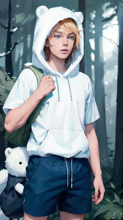 Masterpiece, Ultra realistic, high quality, 16k, Alone, adventure time, Finn (the human), furry white hood (over the head) with polar bear ears, a fringe appearing on his forehead showing that his hair is pale-blonde, blue eyes, tanned white skin (with freckles on the skin), realistic eyes, green backpack, blue T-shirt with hood, dark blue shorts with lots of pockets, black sneakers, fantasy aesthetic, dream atmosphere, high quality, 1 boy,  different heroic poses, fantasy forest background, blurred background, depth of field, dreamlike atmosphere, vintage aesthetic, 