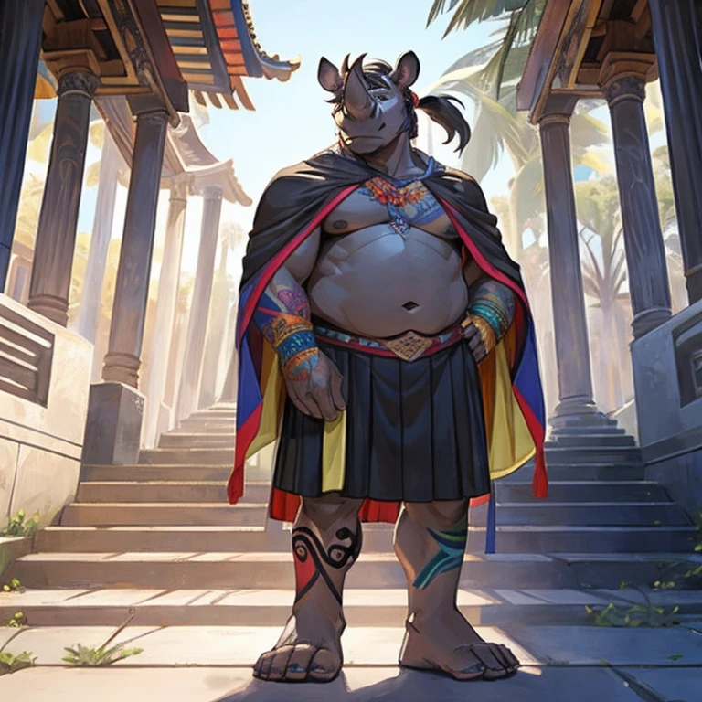 Fat male Rhinoceros, full sleeve colorful tattoos on both arms, torso covered in colorful tattoos, small ponytail, mid 40s, digitigrade, colorful poncho, no shirt, black skirt, bare feet, standing on a temple's staircase