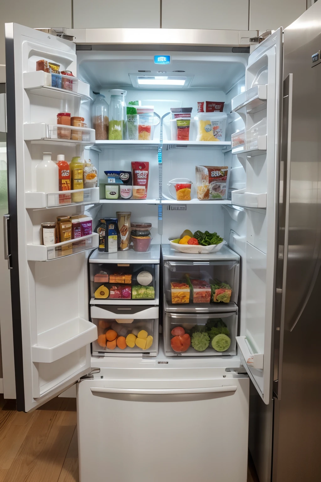 smart refrigerator with food management. The refrigerator uses artificial intelligence and sensors to automatically monitor food quality, suggest recipes based on available ingredients and even make automatic requests for ingredients that are running low. Additionally, it could adjust the temperature and humidity in a personalized way for each compartment, ensuring food stays fresh for longer. The smart refrigerator also has an interactive touch screen on the door to facilitate interaction and integration with other smart home devices..
