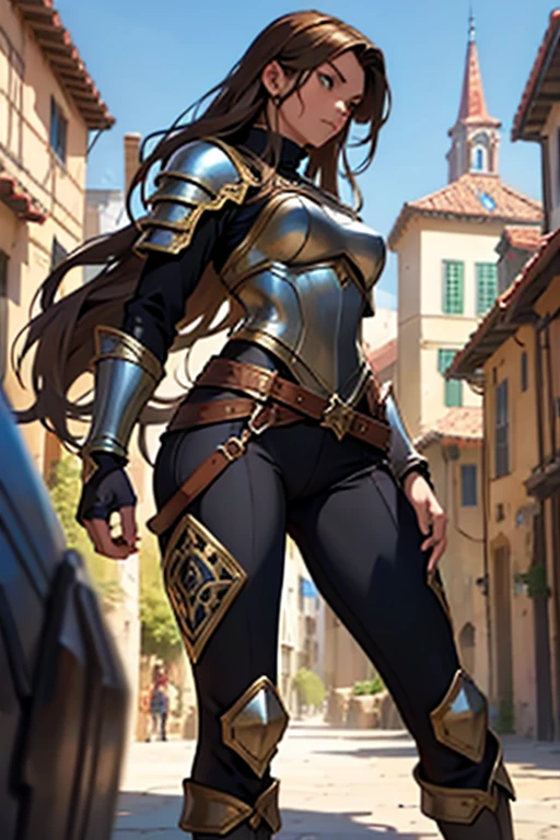 medieval fantasy setting, medieval city, female human race thief, Mediterranean features, brown hair wearing black armor