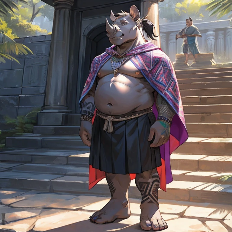 Fat male Rhinoceros, full sleeve colorful tattoos on both arms, torso covered in colorful tattoos, small ponytail, mid 40s, digitigrade, colorful poncho, no shirt, black skirt, bare feet, standing on a temple's staircase