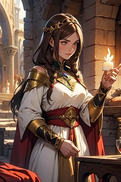 medieval fantasy setting, medieval city, female human race sorceress, Mediterranean features, long brown hair wearing sorceress dress