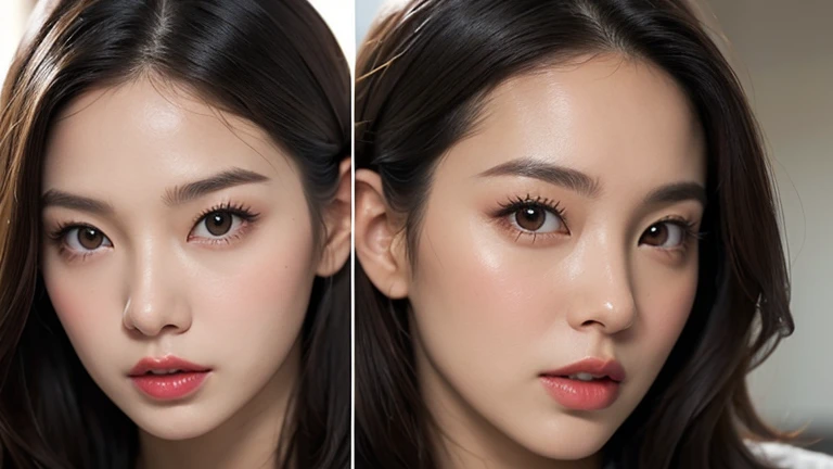 Close-up of the face from the front、Hot, thick red lips、Sensually open-mouthed、Japanese、Mature Woman、40 years old、Detailed face、sharp