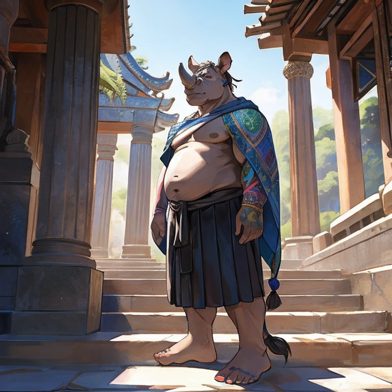 Fat male Rhinoceros, full sleeve colorful tattoos on both arms, torso covered in colorful tattoos, small ponytail, mid 40s, colorful poncho, no shirt, black kilt, standing on a temple's staircase