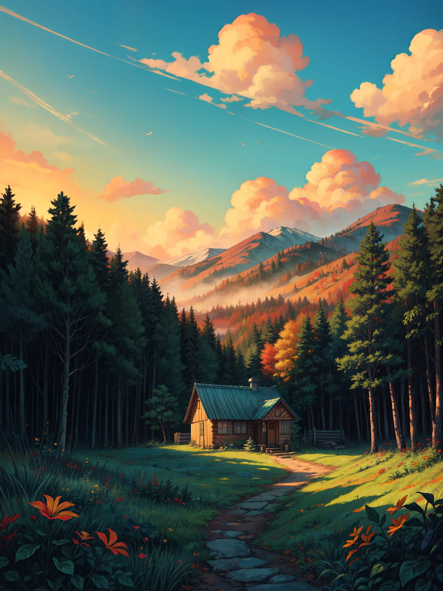 wide view, autumn in ancient forest, monstera delioca plants, evening time, reddish sunset sky, tropical forest, autumn, pine trees, flowery bushes, yellow wooden cabin, fencing, plant pots, beautiful weather, illustration, vibrant tones, shining clouds, thick lines, cozy tones, beautiful sky, ghibli style, outdoors, cozy atmosphere, micro landscape, intrinsic details