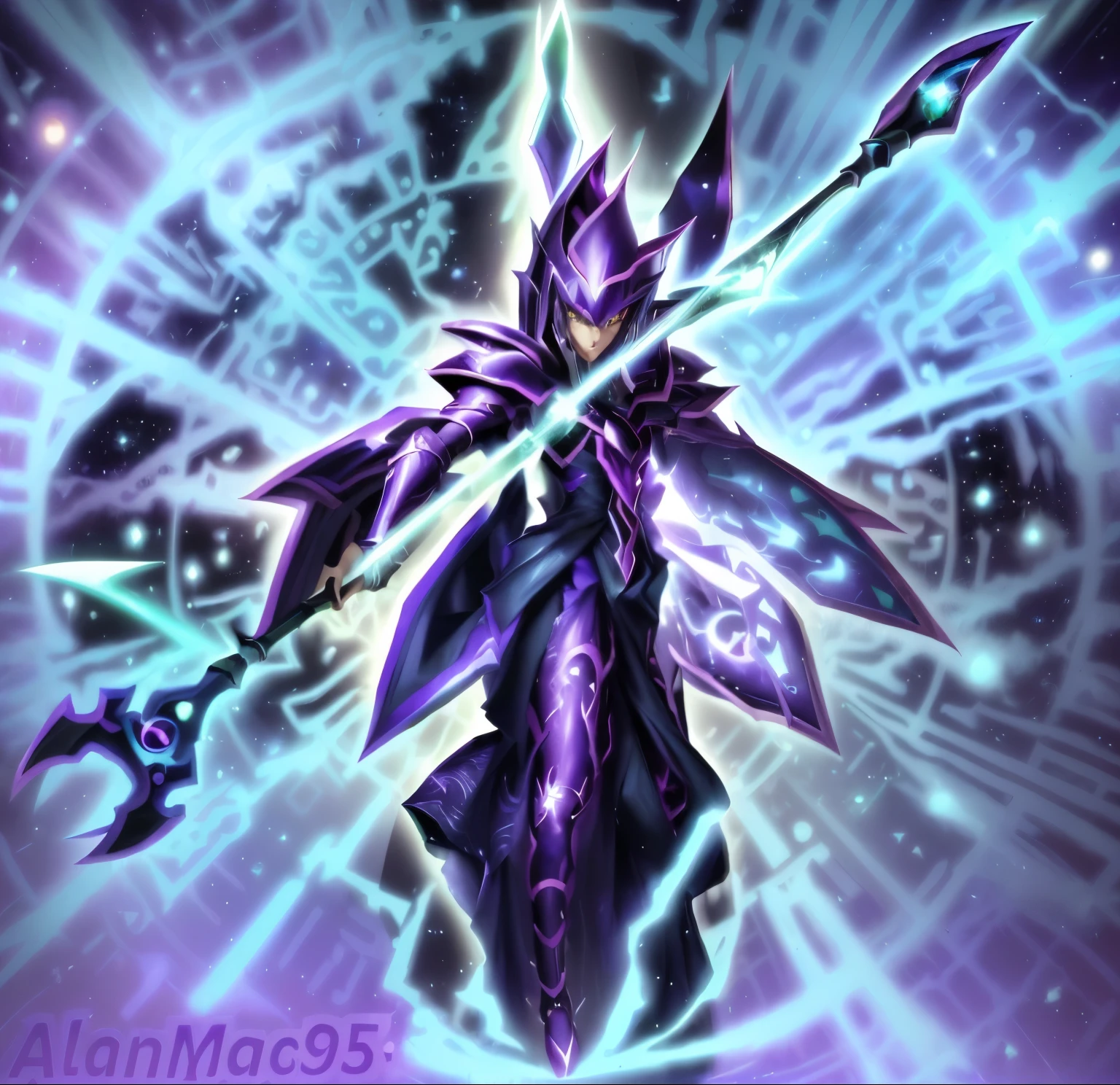 una imagen de un personaje de anime morado y verde con una espada, yugioh art style, Estilo Alex Gray, estilo yugioh, aura de oscuridad, galactic deity, Chica Maga Negra, Holographic sheet!, estilo de espada fantasma, obra de arte de yugioh, mystical anubis valkyrie, estilo de arte arcano, dios legendario sosteniendo lanza, ⃣ → Dark Spectrum Prime