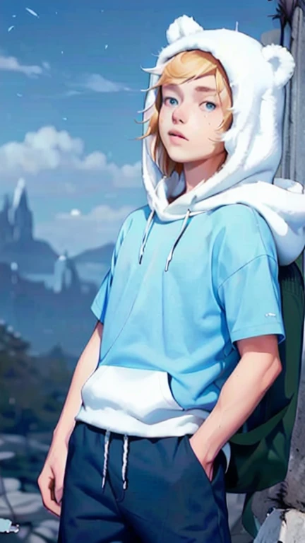 Masterpiece, Ultra realistic, high quality, 16k, Alone, adventure time, Finn (the human), furry white hood (over the head) with polar bear ears, a fringe appearing on his forehead showing that his hair is pale-blonde, blue eyes, tanned white skin (with freckles on the skin), realistic eyes, green backpack, blue T-shirt with hood, dark blue shorts with lots of pockets, black sneakers, fantasy aesthetic, dream atmosphere, high quality, 1 boy, different heroic poses, fantasy field background, blurred background, depth of field, dreamlike atmosphere, vintage aesthetic,