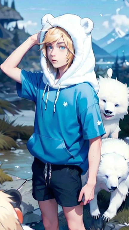 Masterpiece, Ultra realistic, high quality, 16k, Alone, adventure time, Finn (the human), furry white hood (over the head) with polar bear ears, a fringe appearing on his forehead showing that his hair is pale-blonde, blue eyes, tanned white skin (with freckles on the skin), realistic eyes, green backpack, blue T-shirt with hood, dark blue shorts with lots of pockets, black sneakers, fantasy aesthetic, dream atmosphere, high quality, 1 boy,  different heroic poses, fantasy field background, blurred background, depth of field, dreamlike atmosphere, vintage aesthetic, 