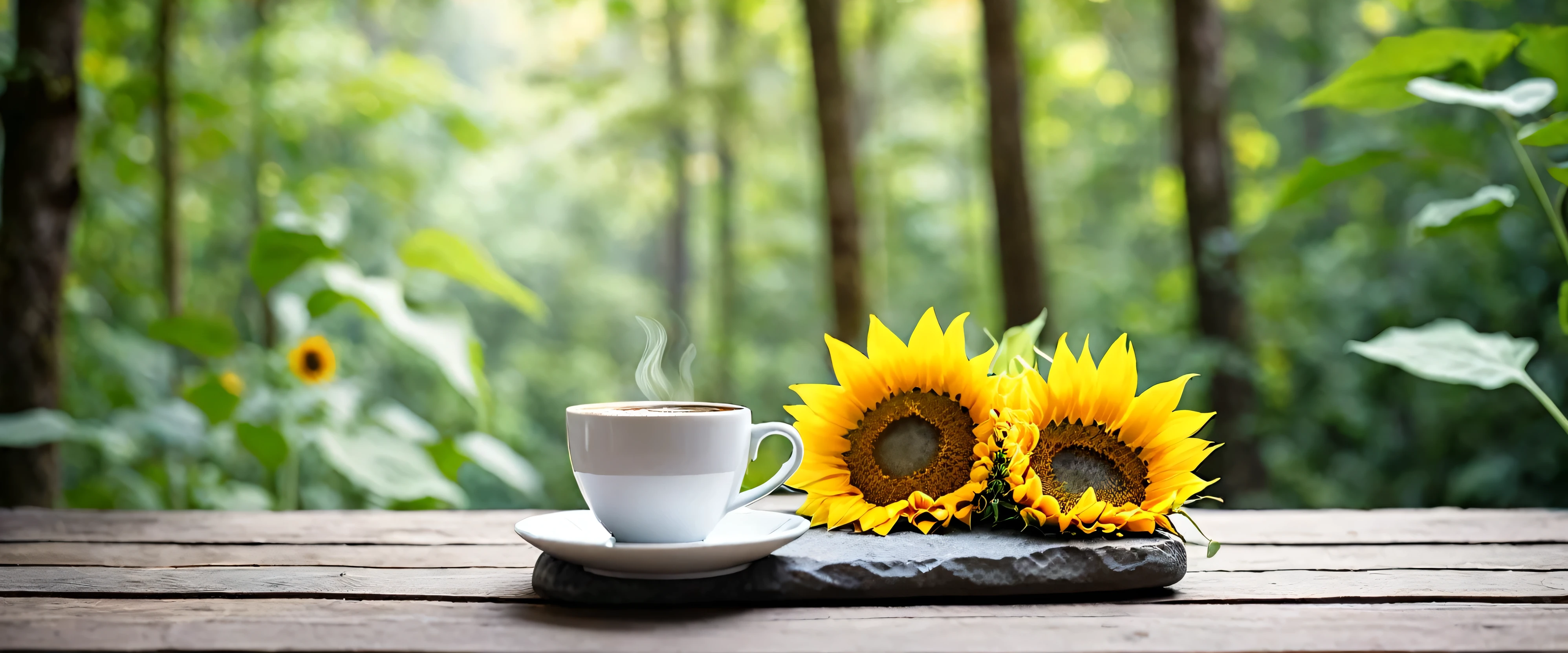 Minimalist style.A bunch of whole sunflowers lying flat on a table, Stone platform located deep in the tranquil forest bokeh background、a cup of coffee.Create a fresh、Bright、Relaxing and comfortable atmosphere,Evoking a sense of tranquility and simplicity。A peaceful aura or meditative state has a warm and pure atmosphere