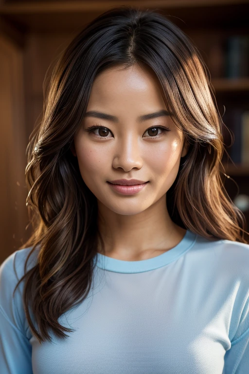 Jamie Chung portant un shirt moulant et transparent (dans une chambre), Very detailed, visage innocent, natural wavy hair, High resolution, Masterpiece, Best quality, Intricate details, highly detailed, mise au point nette, detailed skin, realistic skin texture, texture, detailled eyes, professionnel, 4K, sourire charmant, filmed on Canon, 85 mm, faible profondeur de champ, Couleur Kodak Vision, perfect fit body, Extremely detailed, photographier_\(ultra\), photoreallistic, Realstic, Post-traitement, maximum details, roughness, real life, ultra realist, photorealism, photographie, 8K UHD, photographie