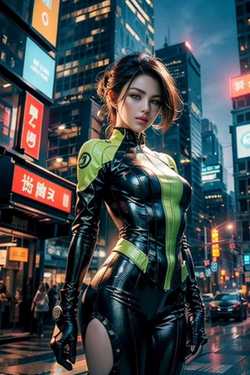 (8k, Official Art、CG)、Beautiful and aesthetic、Charm, Very detailed, Beautiful woman riding a light green high-tech motorcycle、((Delicate face、Detailed eyes and face、double eyelid))、Red lipature adult woman、Dark brown updo、Light blue rider suit、boots、Very detailed衣装、City night view, She is standing on a street lined with skyscrapers. The night view of the city is bright, Add a touch of technology.Neon lights etc. , High-tech equipment and architectural design.  This ultra-high resolution, Top quality images bring you great visual enjoyment, Dramatic lighting, Award-winning quality