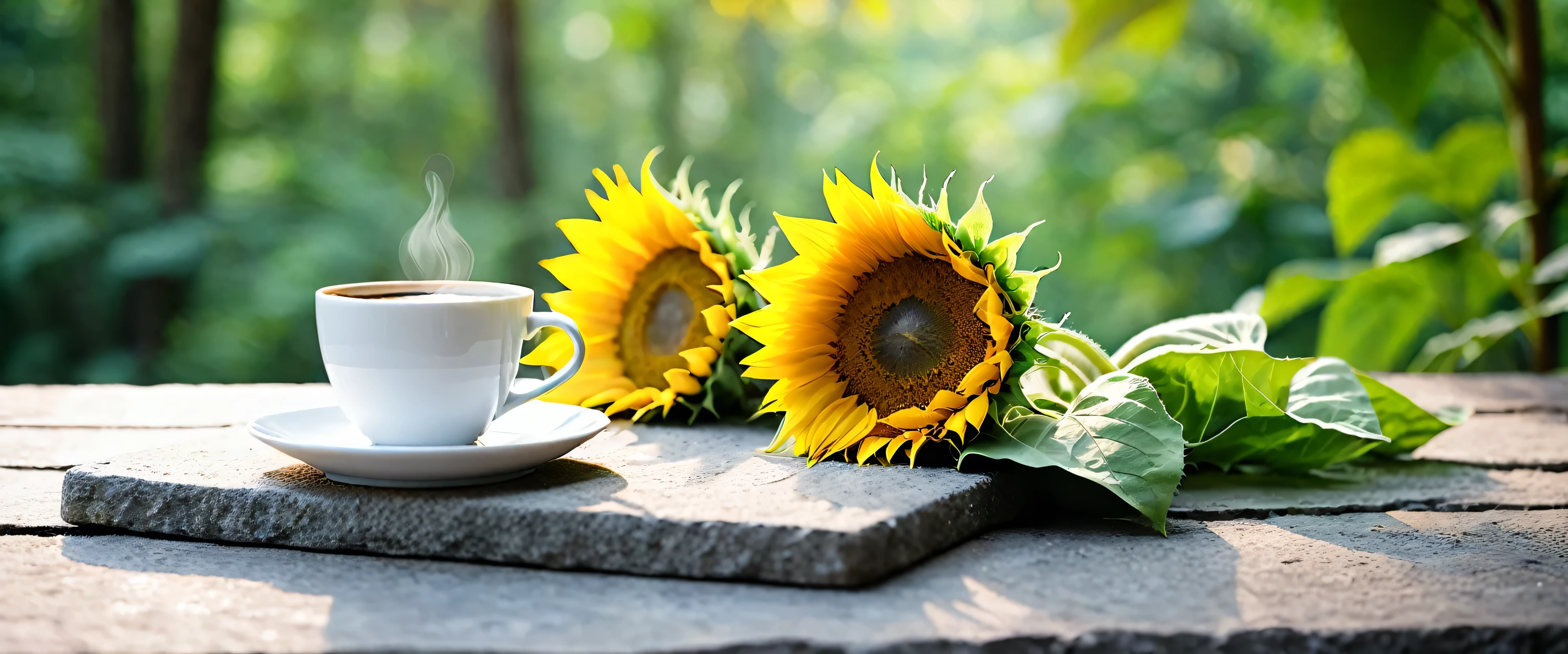 Minimalist style.A bunch of whole sunflowers lying flat on a table, Stone platform located deep in the tranquil forest bokeh background、a cup of coffee.Create a fresh、Bright、Relaxing and comfortable atmosphere,Evoking a sense of tranquility and simplicity。A peaceful aura or meditative state has a warm and pure atmosphere