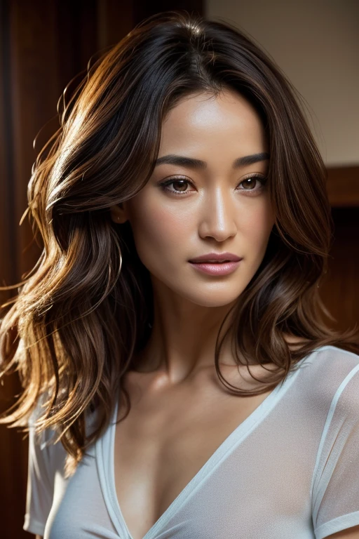 Maggie Q portant un shirt moulant et transparent (dans une chambre), Very detailed, visage innocent, natural wavy hair, High resolution, Masterpiece, Best quality, Intricate details, highly detailed, mise au point nette, detailed skin, realistic skin texture, texture, detailled eyes, professionnel, 4K, sourire charmant, filmed on Canon, 85 mm, faible profondeur de champ, Couleur Kodak Vision, perfect fit body, Extremely detailed, photographier_\(ultra\), photoreallistic, Realstic, Post-traitement, maximum details, roughness, real life, ultra realist, photorealism, photographie, 8K UHD, photographie