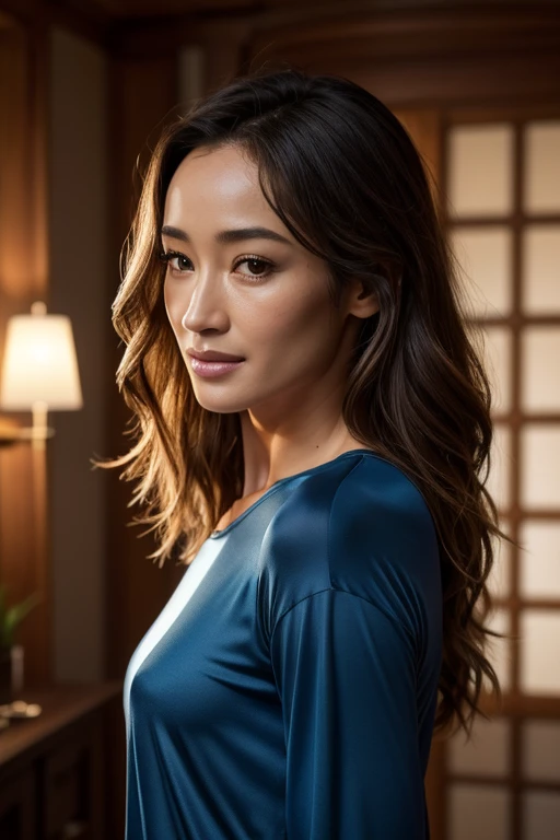 Maggie Q portant un shirt moulant et transparent (dans une chambre), Very detailed, visage innocent, natural wavy hair, High resolution, Masterpiece, Best quality, Intricate details, highly detailed, mise au point nette, detailed skin, realistic skin texture, texture, detailled eyes, professionnel, 4K, sourire charmant, filmed on Canon, 85 mm, faible profondeur de champ, Couleur Kodak Vision, perfect fit body, Extremely detailed, photographier_\(ultra\), photoreallistic, Realstic, Post-traitement, maximum details, roughness, real life, ultra realist, photorealism, photographie, 8K UHD, photographie